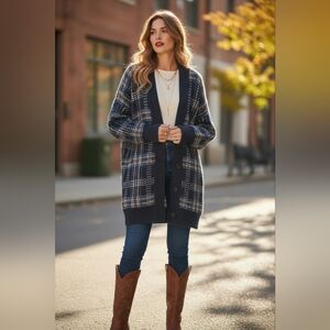 Biltmore Women's Long Sleeve Pleat Back Plaid Cardigan
